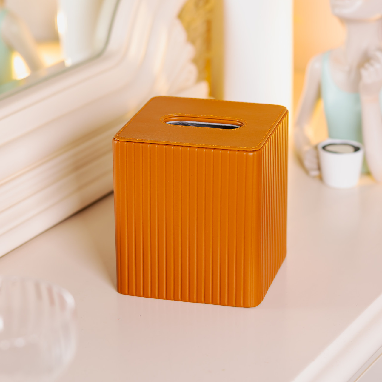 Серветниця з екошкіри квадратна 13х13х14.5 см органайзер для серветок на стіл, Коричневий