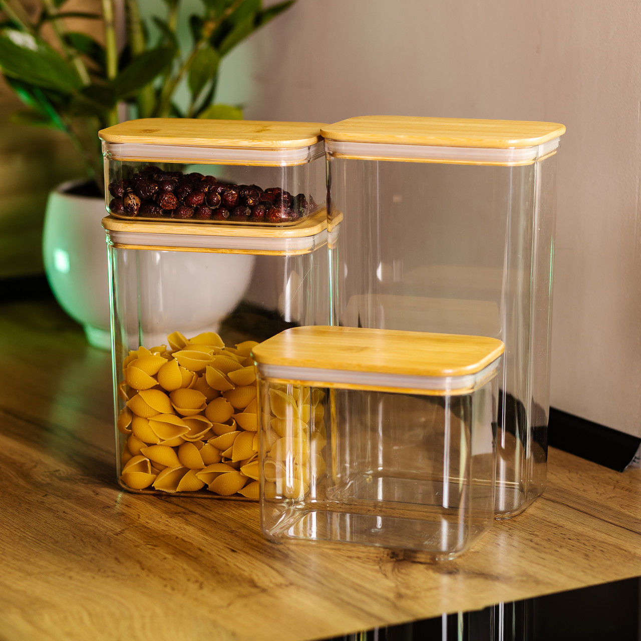 Банки для сипучих продуктів набір із 4 шт пластикові з бамбуковими кришками