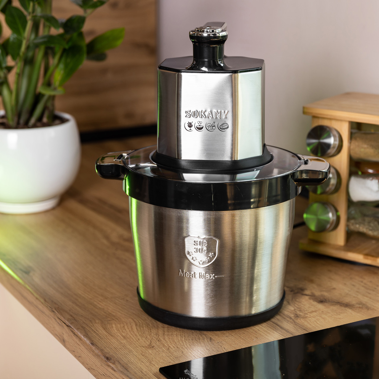 Чопер подрібнювач з чашею 4 літри м'ясорізка 4 леза нержавіюча сталь м'ясорубка Sokany
