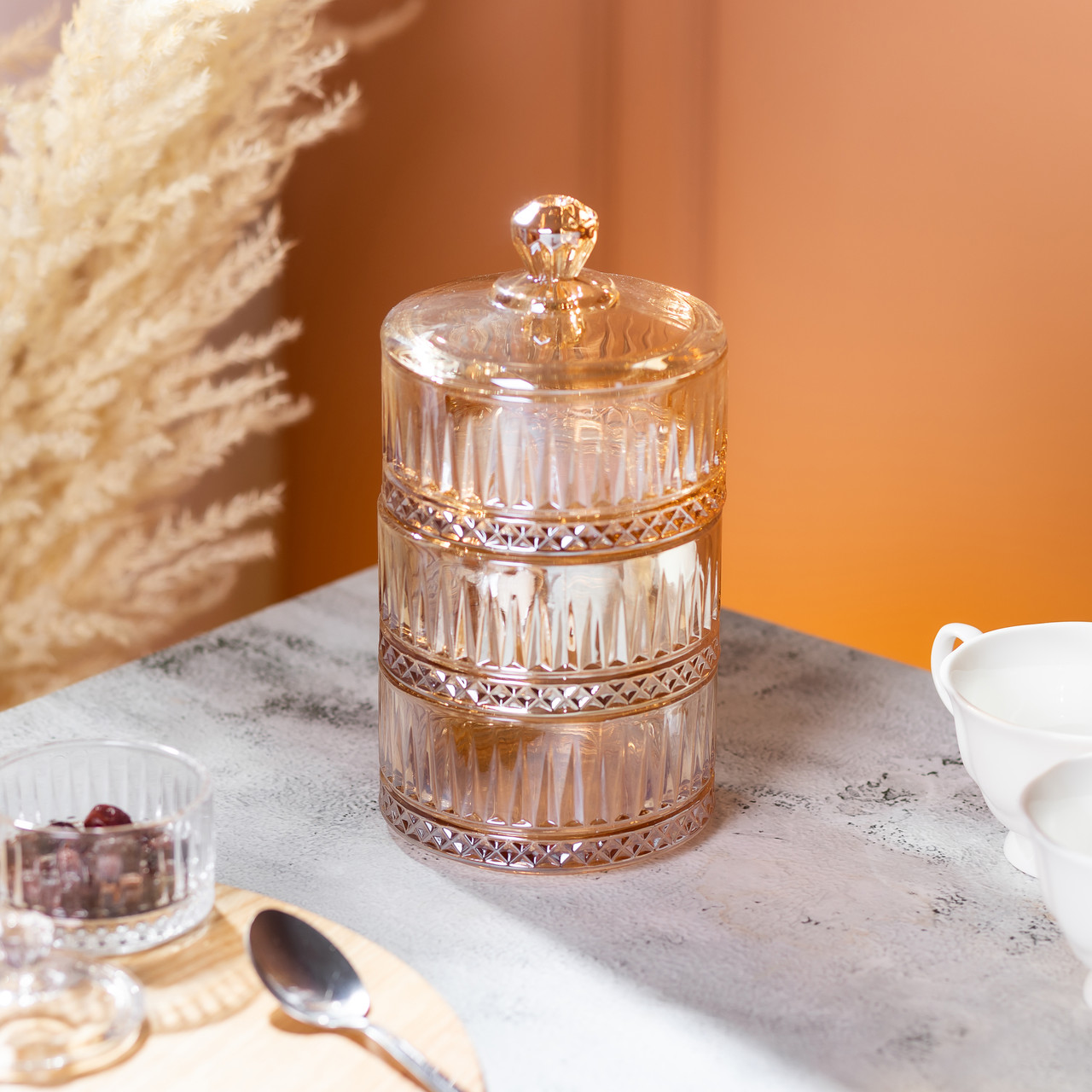 Цукерниця триярусна скляна Ø 10 см ваза цукерниця кругла з кришкою