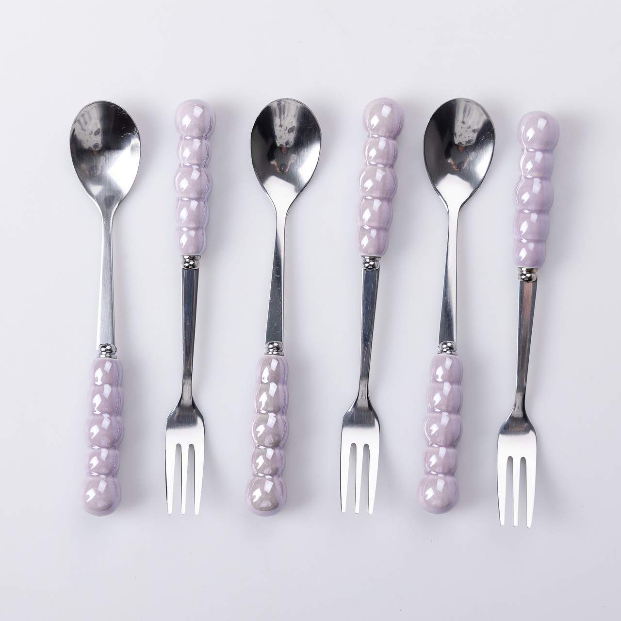 Набір десертних виделок і ложок на 3 персони з підставкою з кераміки 7 предметів Фіолетовий