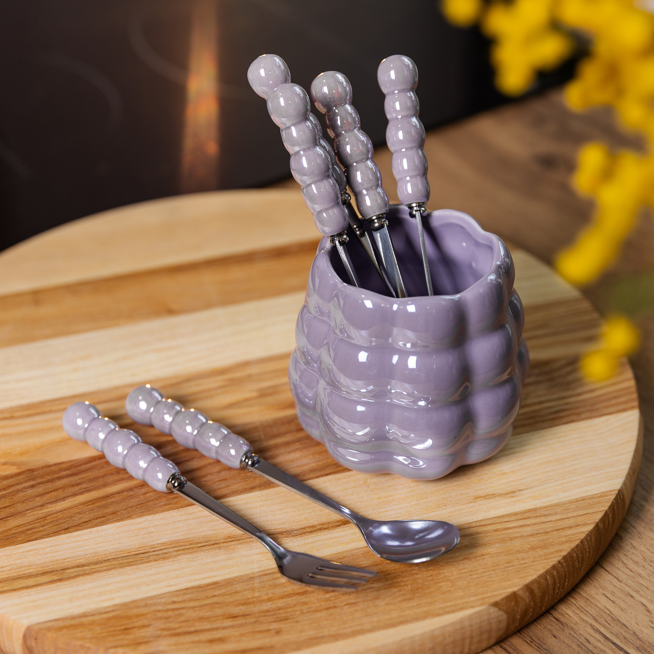 Набір десертних виделок і ложок на 3 персони з підставкою з кераміки 7 предметів Фіолетовий