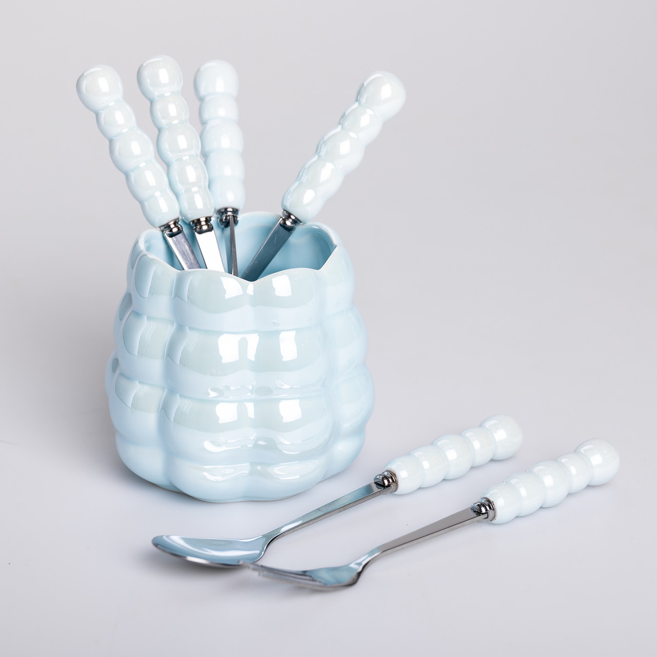 Набір десертних виделок і ложок на 3 персони з підставкою з кераміки 7 предметів Блакитний