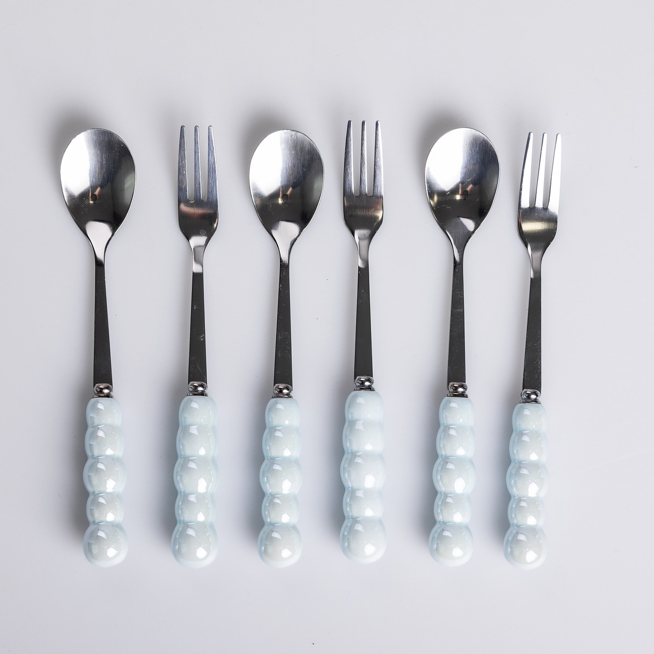 Набір десертних виделок і ложок на 3 персони з підставкою з кераміки 7 предметів Блакитний