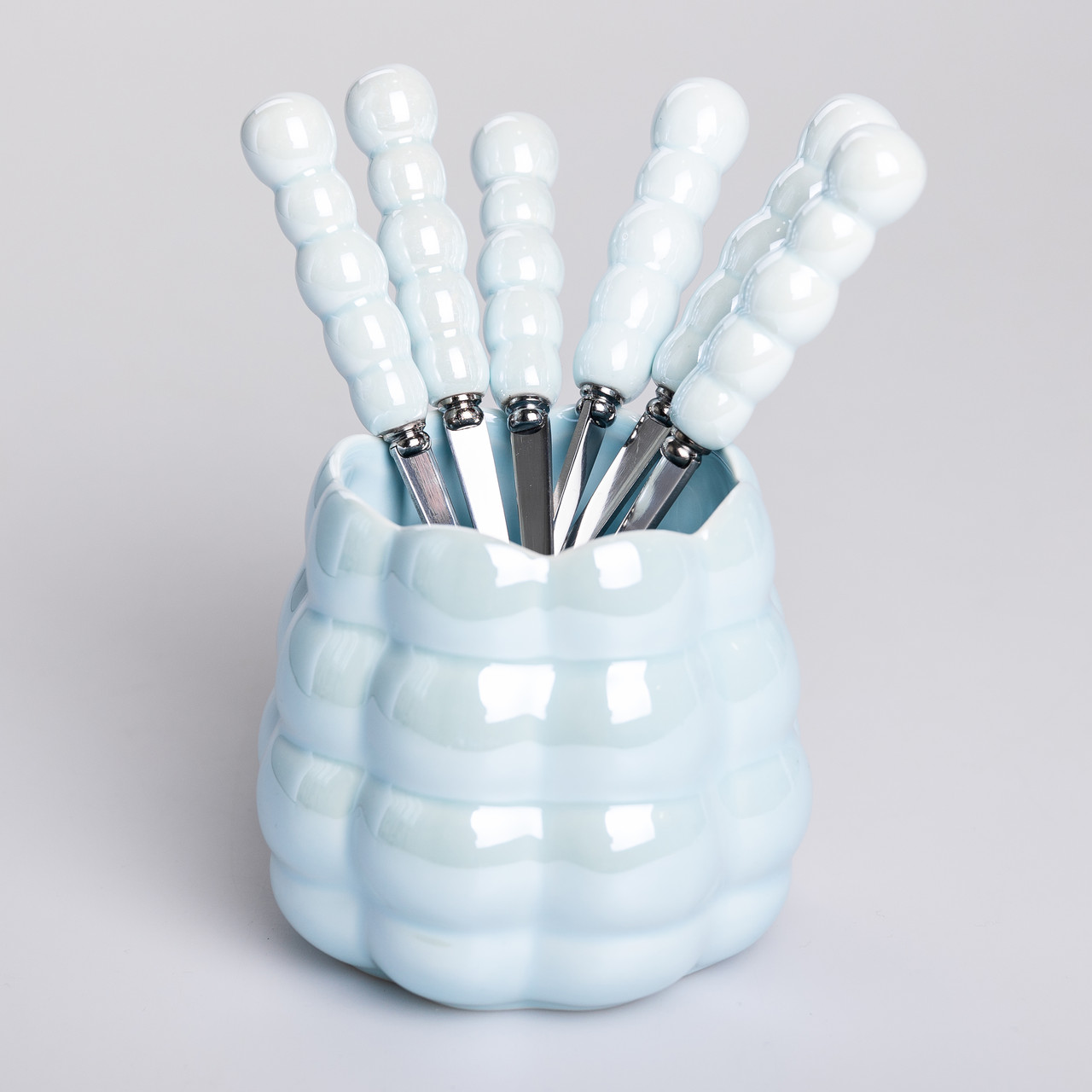 Набір десертних виделок і ложок на 3 персони з підставкою з кераміки 7 предметів Блакитний