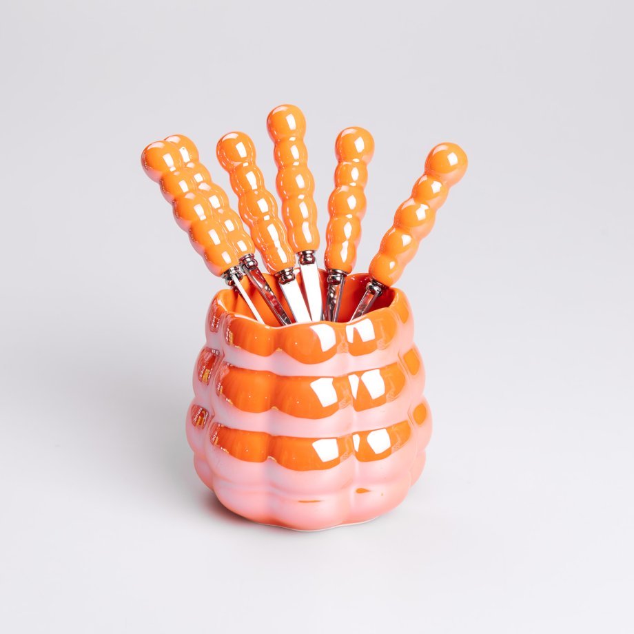 Набір десертних виделок і ложок на 3 персони з підставкою з кераміки 7 предметів Помаранчевий