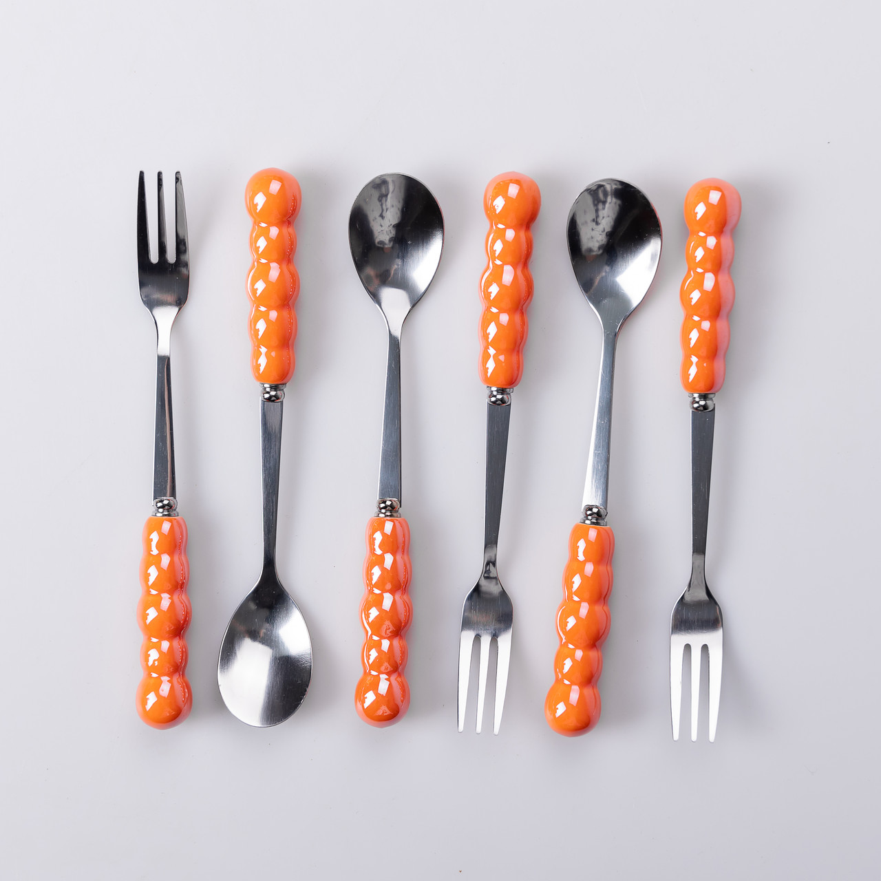 Набір десертних виделок і ложок на 3 персони з підставкою з кераміки 7 предметів Помаранчевий