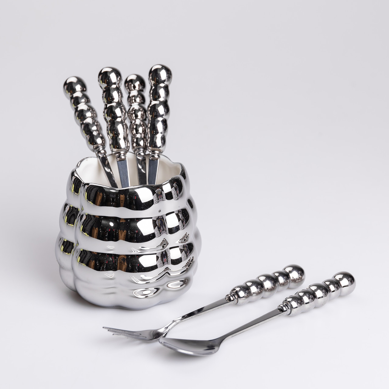 Набір десертних виделок і ложок на 3 персони з підставкою з кераміки 7 предметів Сірий