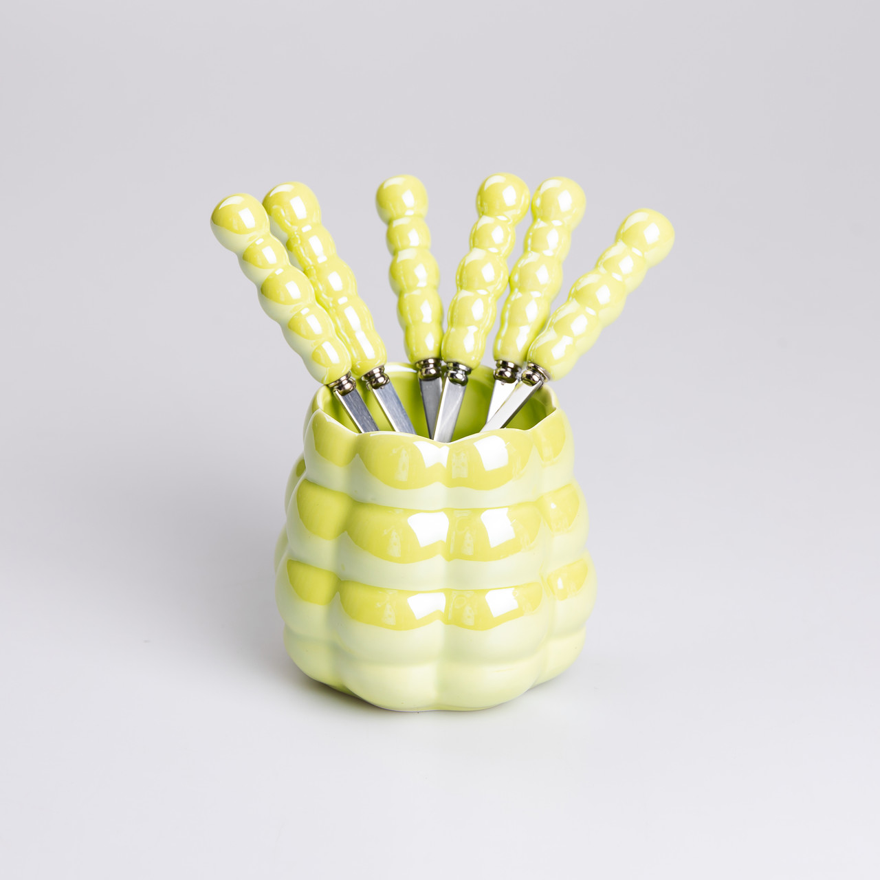 Набір десертних виделок і ложок на 3 персони з підставкою з кераміки 7 предметів Зелений