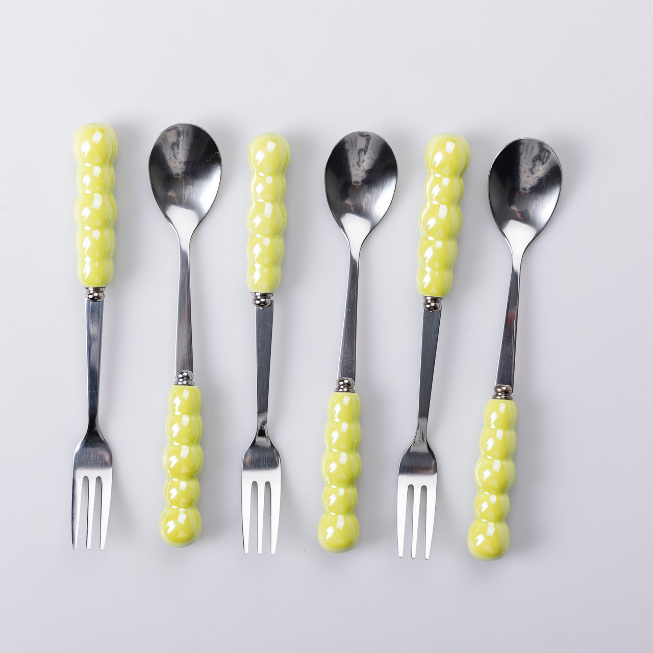 Набір десертних виделок і ложок на 3 персони з підставкою з кераміки 7 предметів Зелений