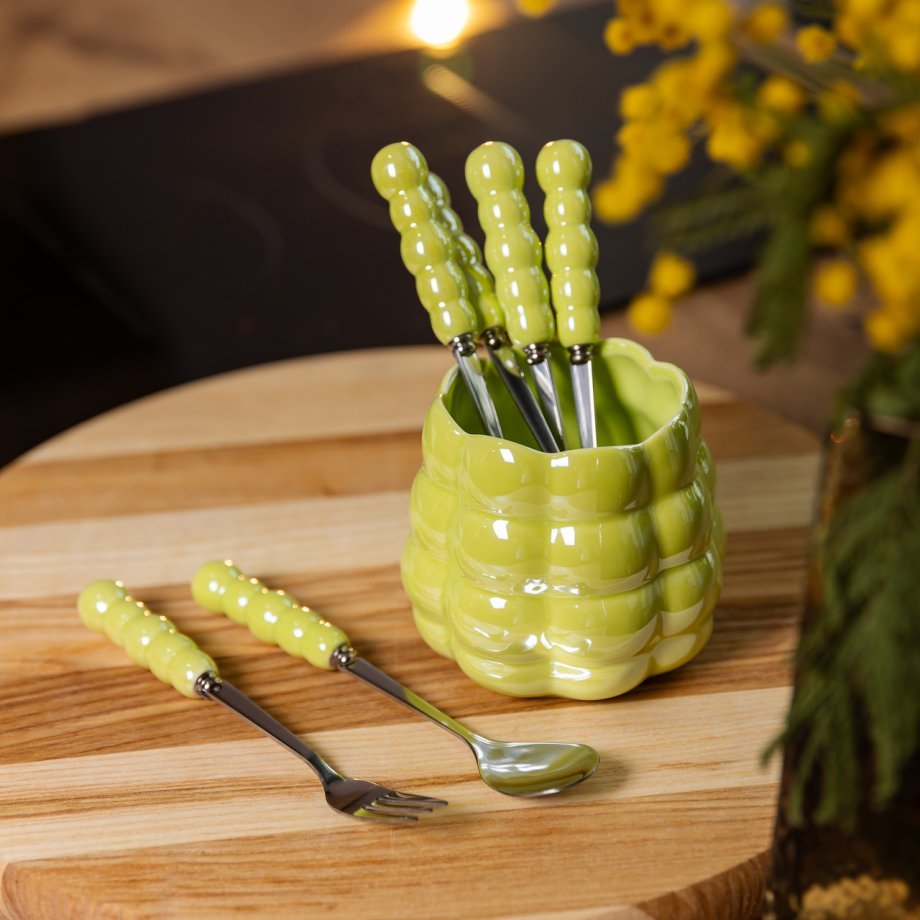 Набір десертних виделок і ложок на 3 персони з підставкою з кераміки 7 предметів Зелений