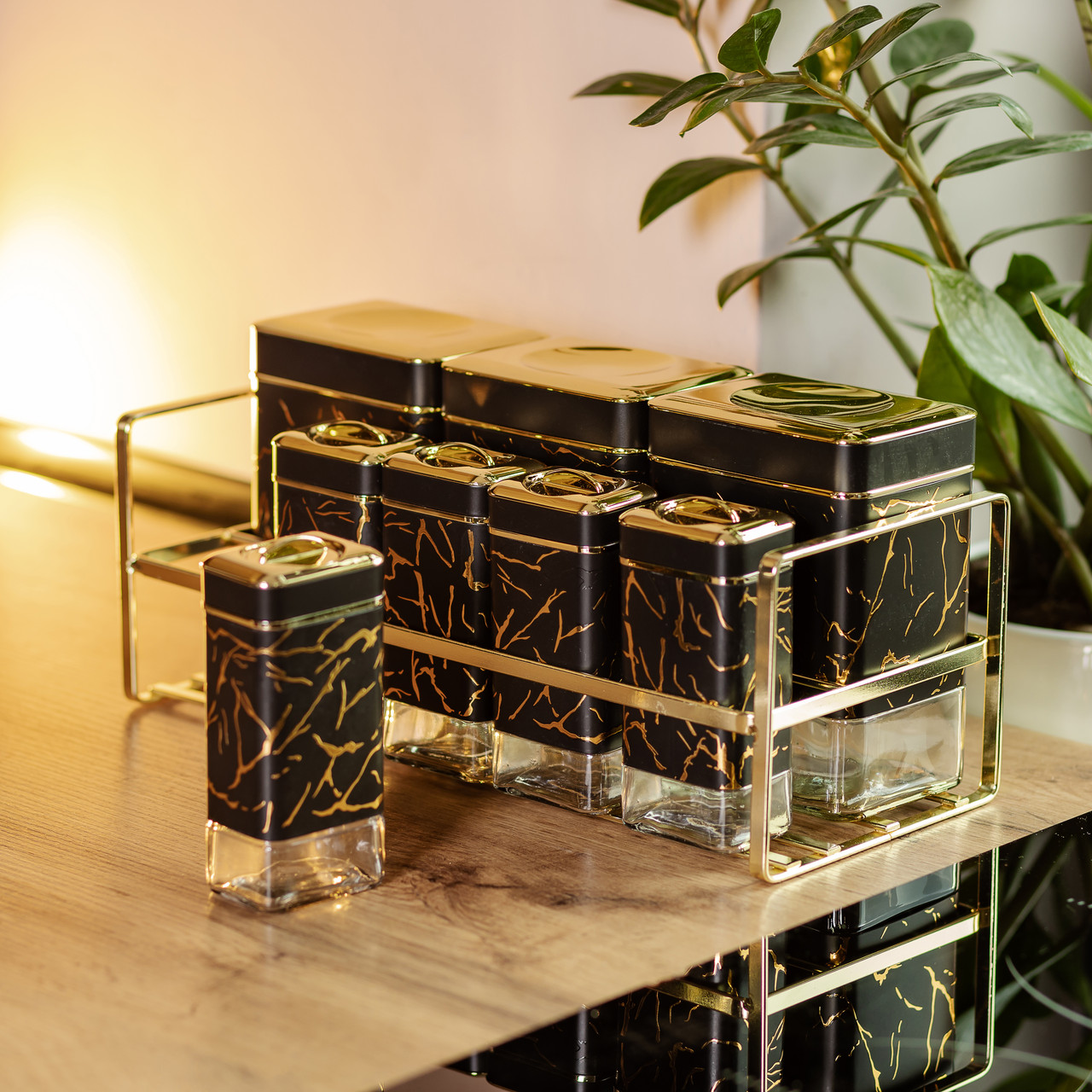 Набір для приправ та спецій на підставці 8 штук з кришками Чорний