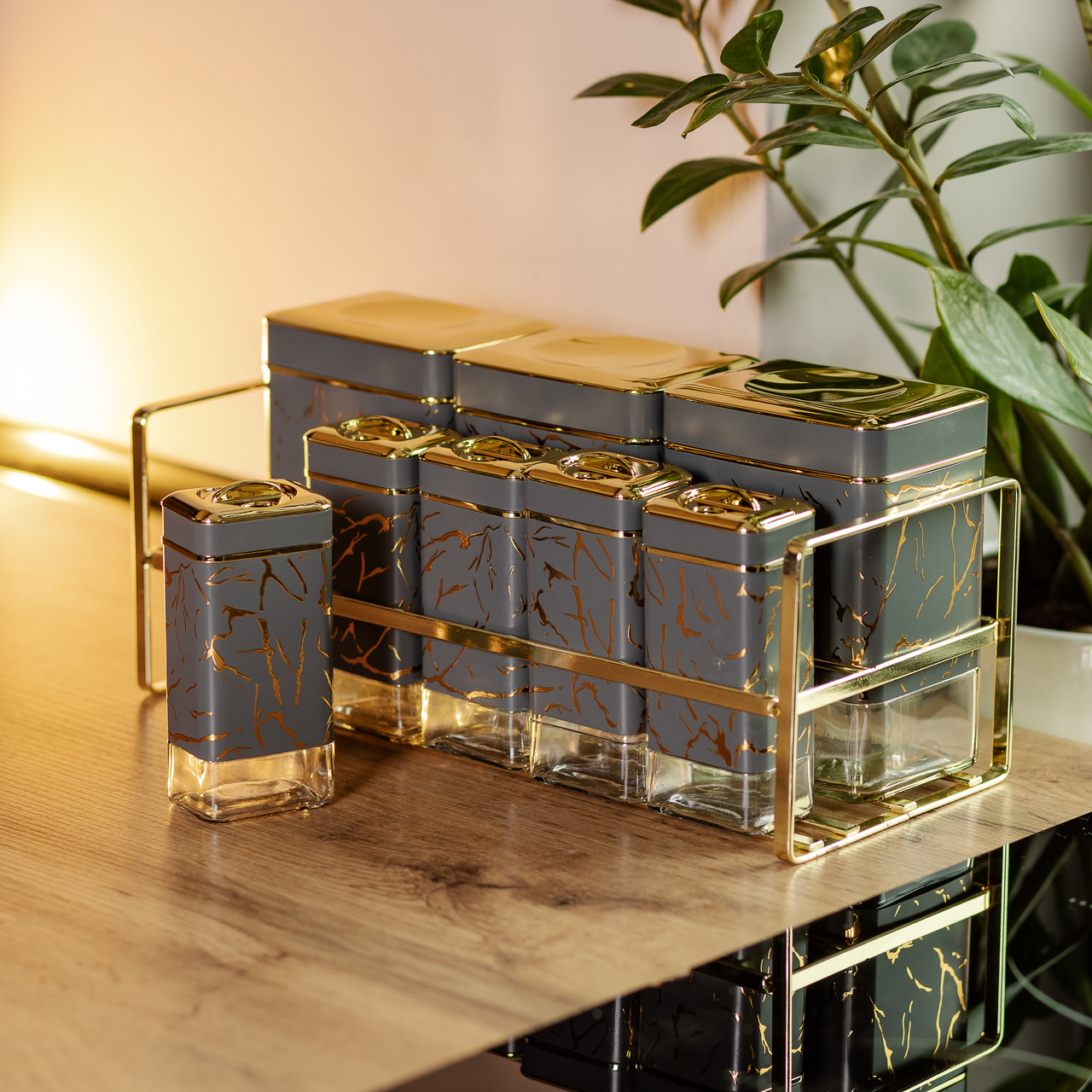 Набір для приправ та спецій на підставці 8 штук з кришками Сірий