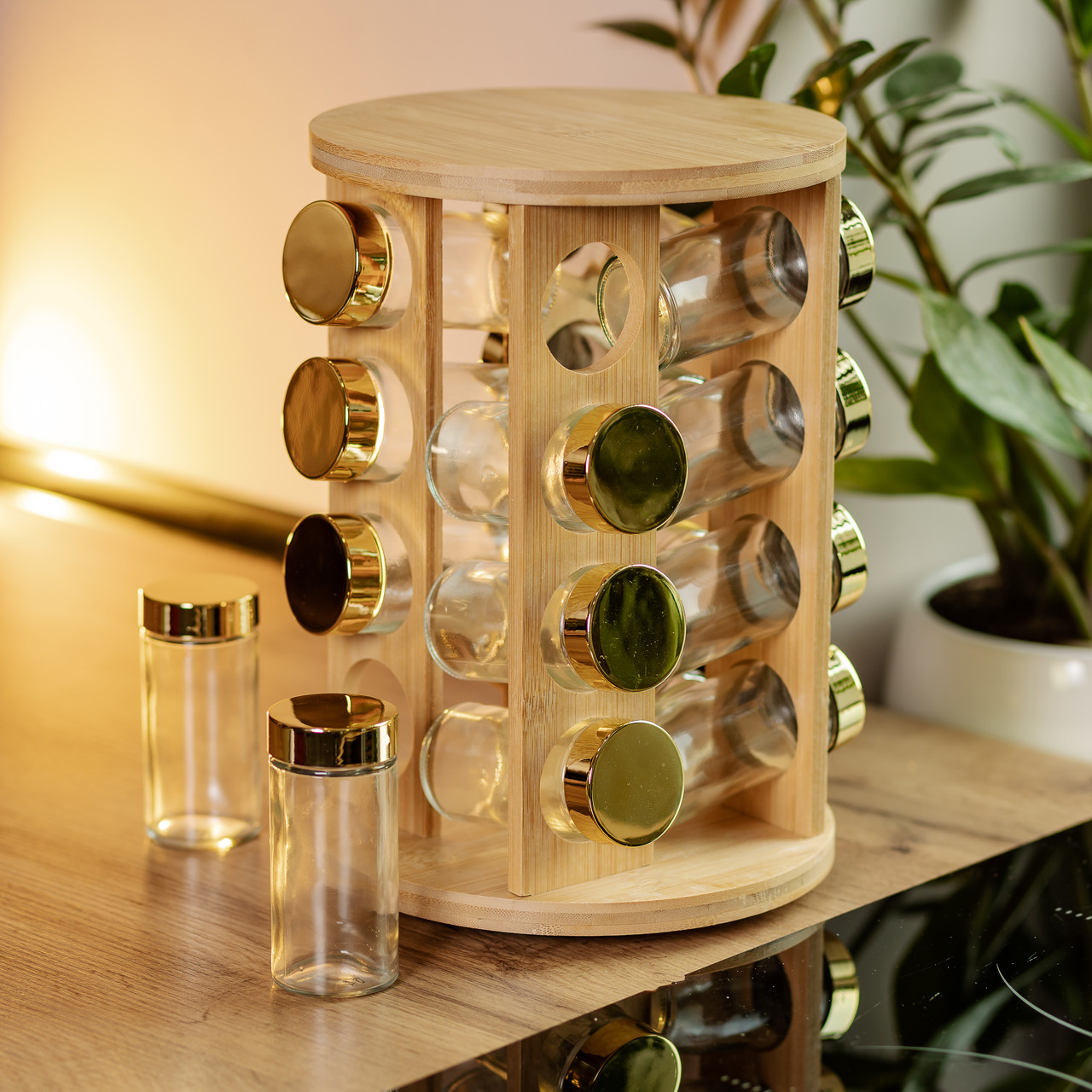 Набір для спецій на дерев'яній підставці 16 скляних ємностей для приправ