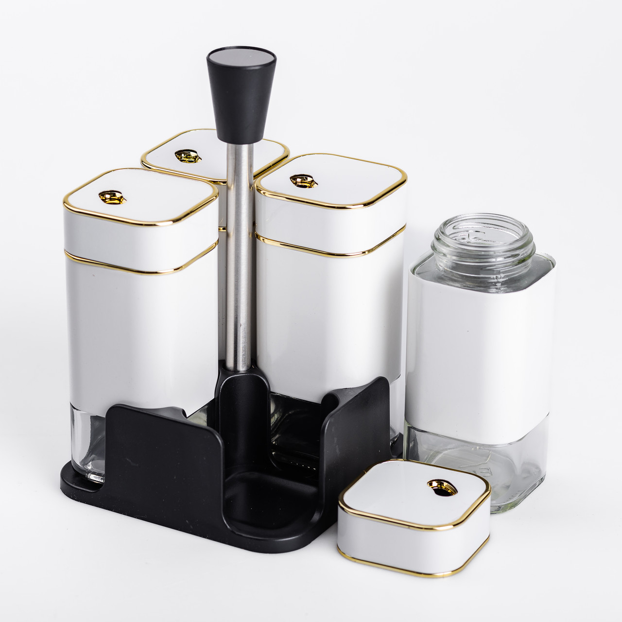 Набір для спецій на підставці 4 предмети 10х10х17 см ємності для приправ 120 мл Білий