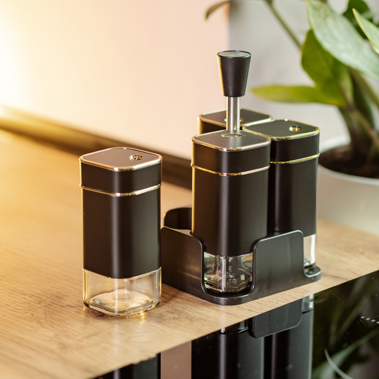 Набір для спецій на підставці 4 предмети 10х10х17 см ємності для приправ 120 мл Чорний