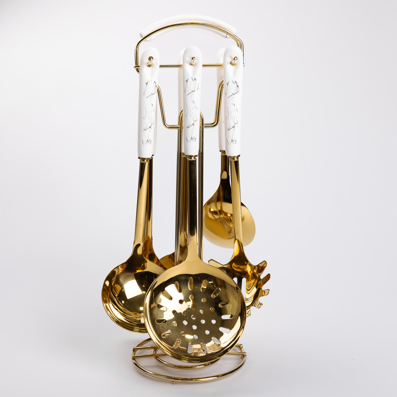 Набір кухонного приладдя 7 предметів на підставці столові прилади з нержавіючої сталі Золото з білим