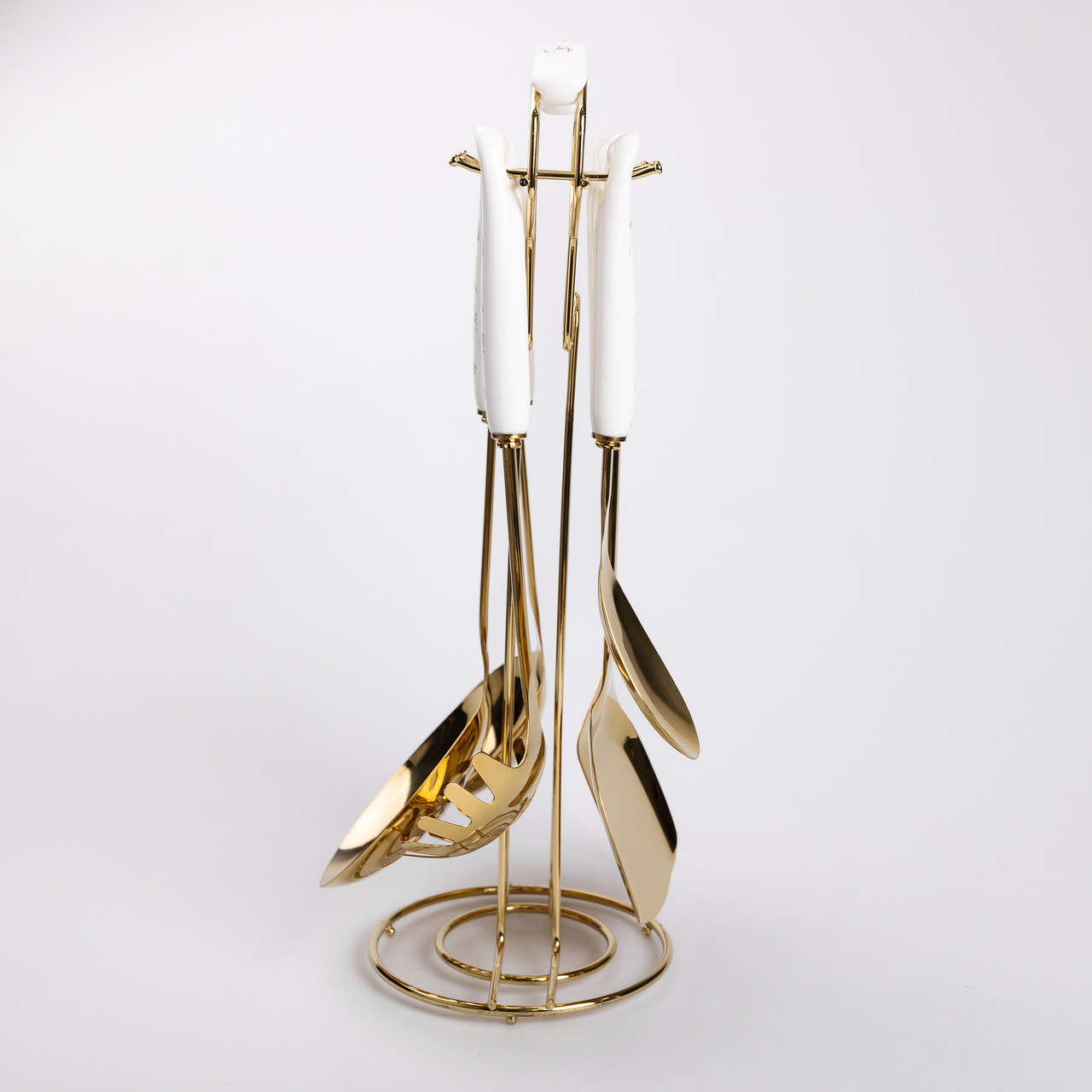 Набір кухонного приладдя 7 предметів на підставці столові прилади з нержавіючої сталі Золото з білим