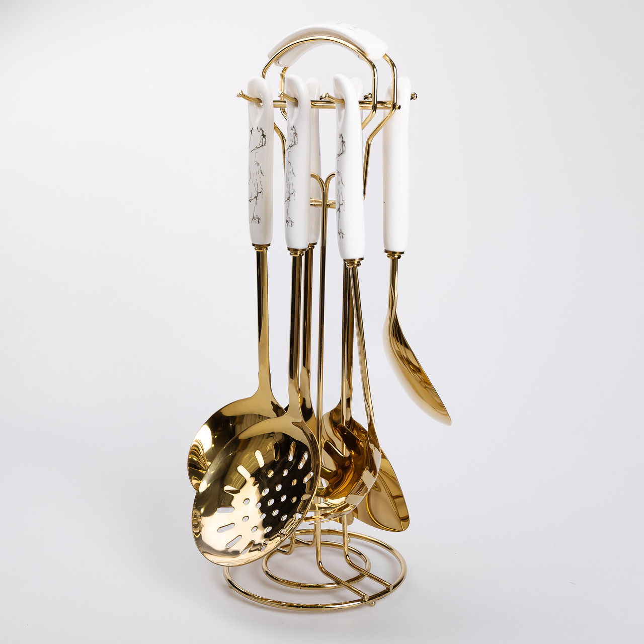 Набір кухонного приладдя 7 предметів на підставці столові прилади з нержавіючої сталі Золото з білим