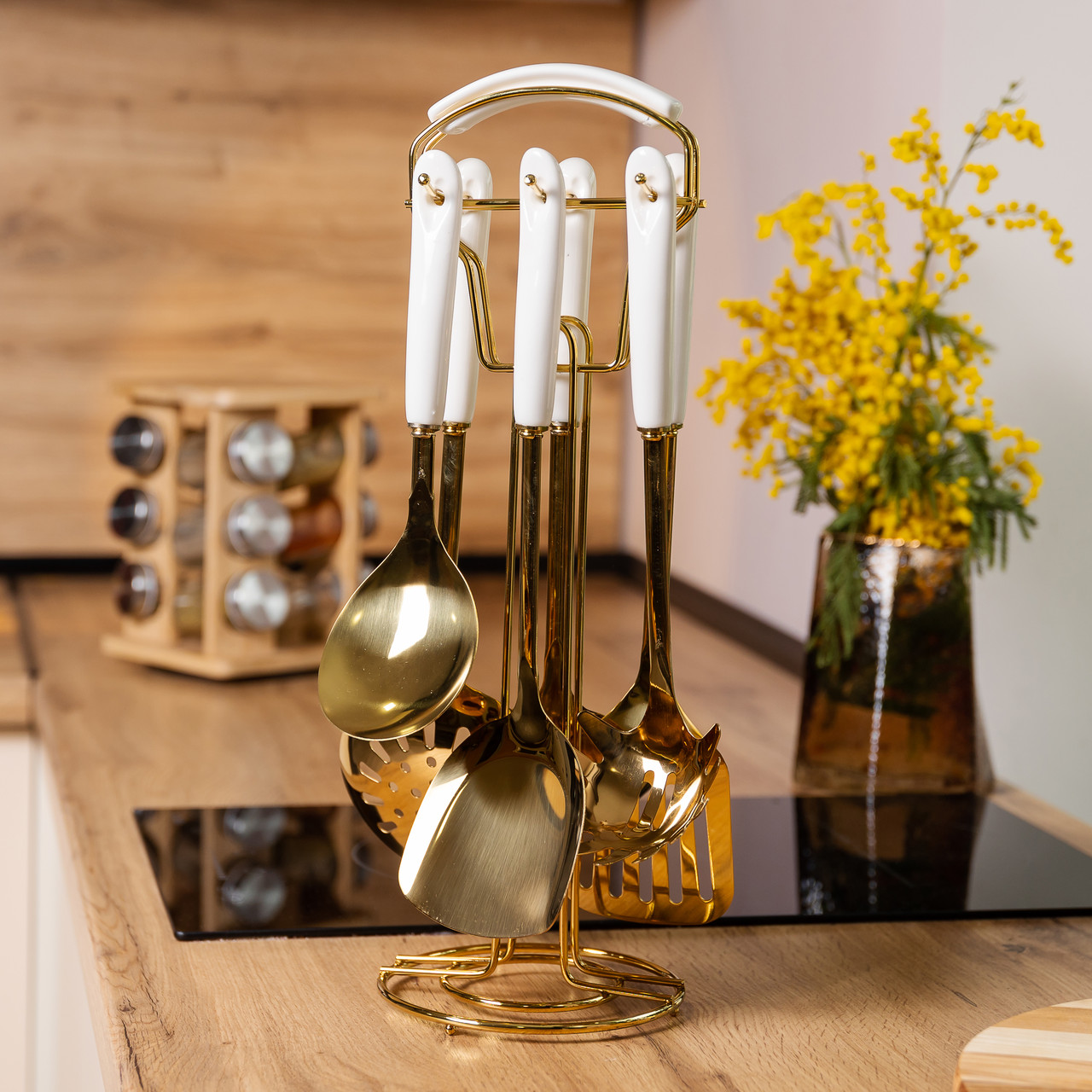 Набір кухонного приладдя на підставці 7 предметів кухонні аксесуари на підставці Білий із золотом