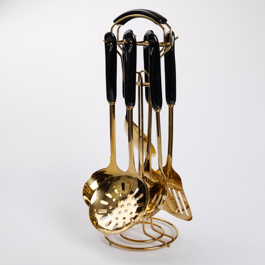 Набір кухонного приладдя на підставці 7 предметів кухонні аксесуари на підставці Чорний із золотом