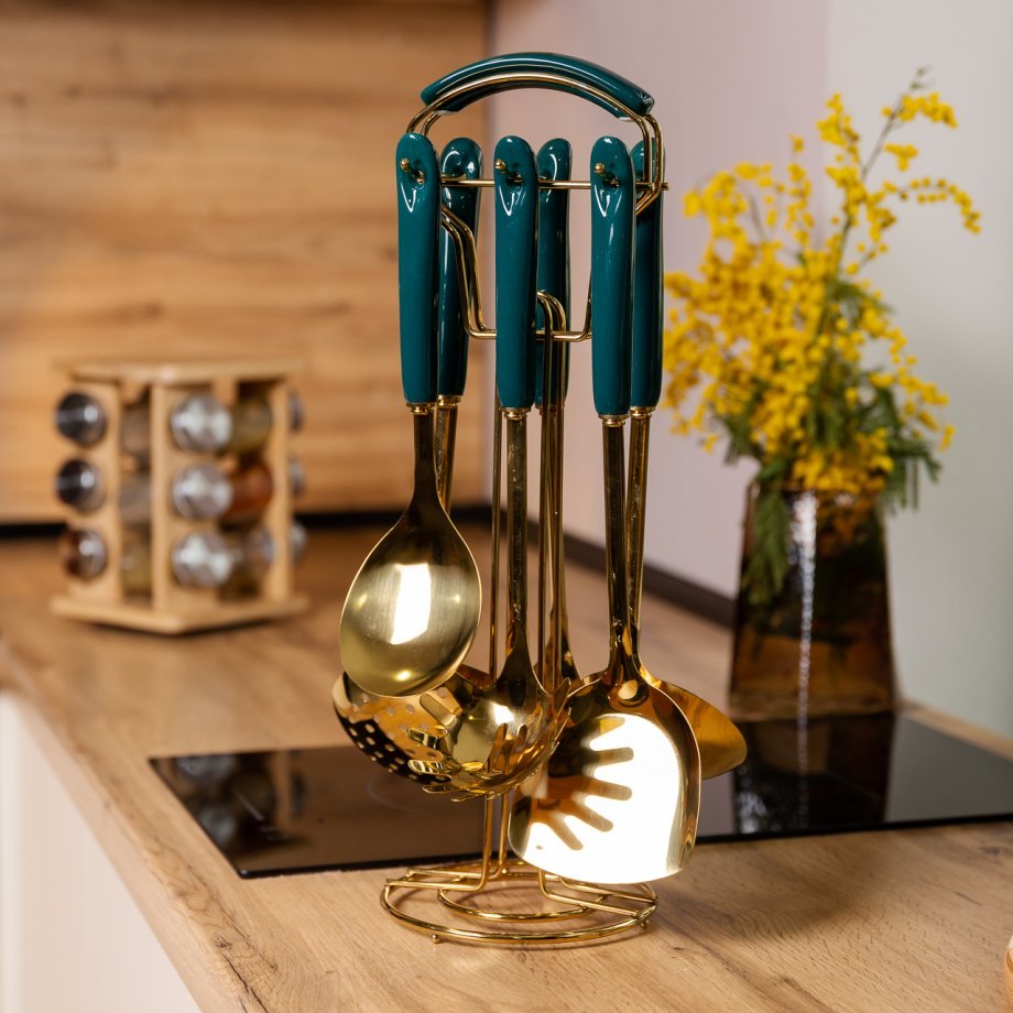 Набір кухонного приладдя на підставці 7 предметів кухонні аксесуари на підставці Смарагдовий