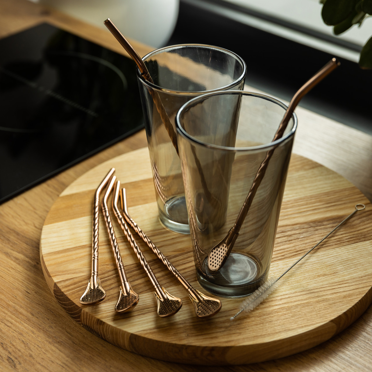 Набір багаторазових ложок-трубочок 6 шт для напоїв 19.5 см зі щіткою для миття з нержавіючої сталі Бронзовий