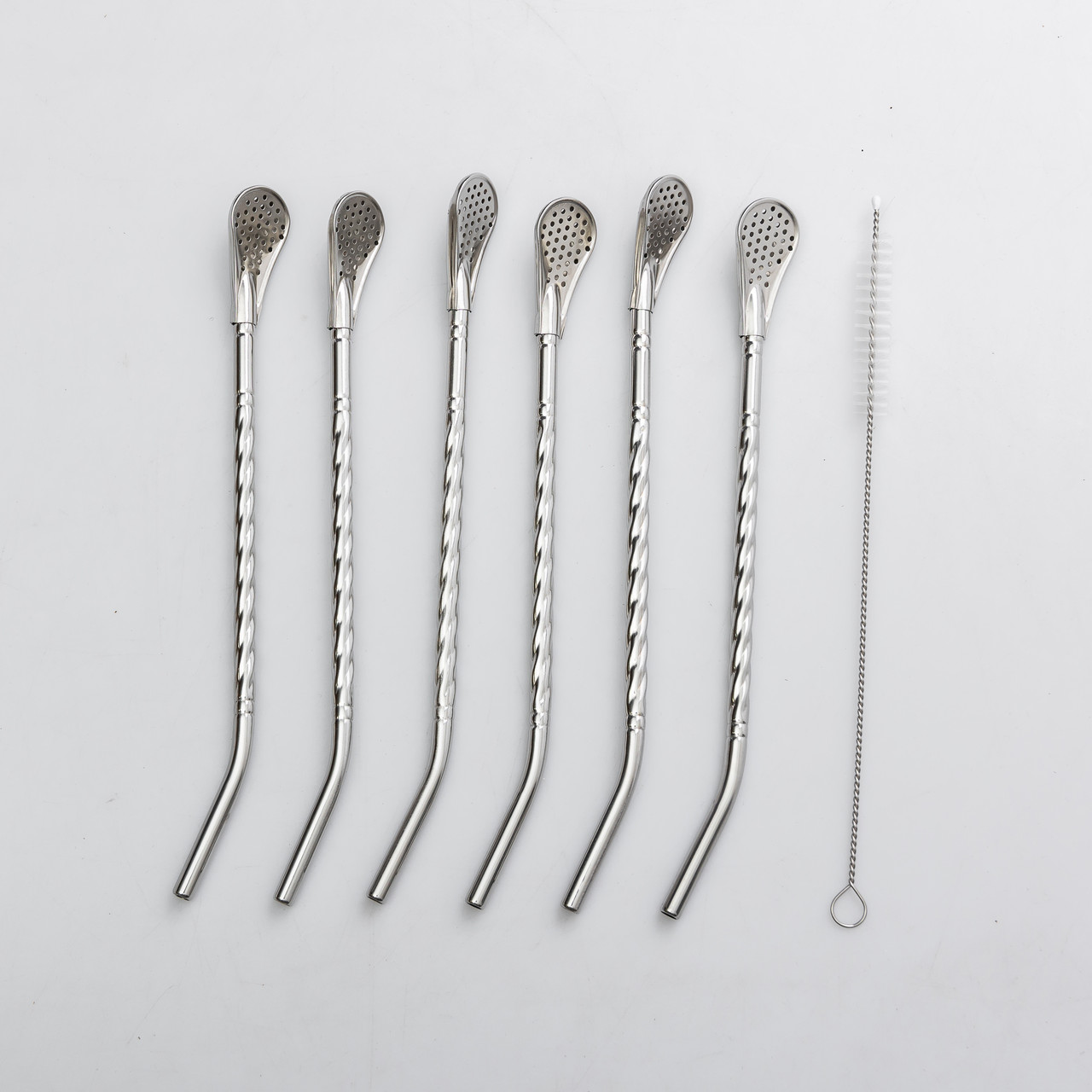 Набір багаторазових ложок-трубочок 6 шт для напоїв 19.5 см зі щіткою для миття з нержавіючої сталі Сірий