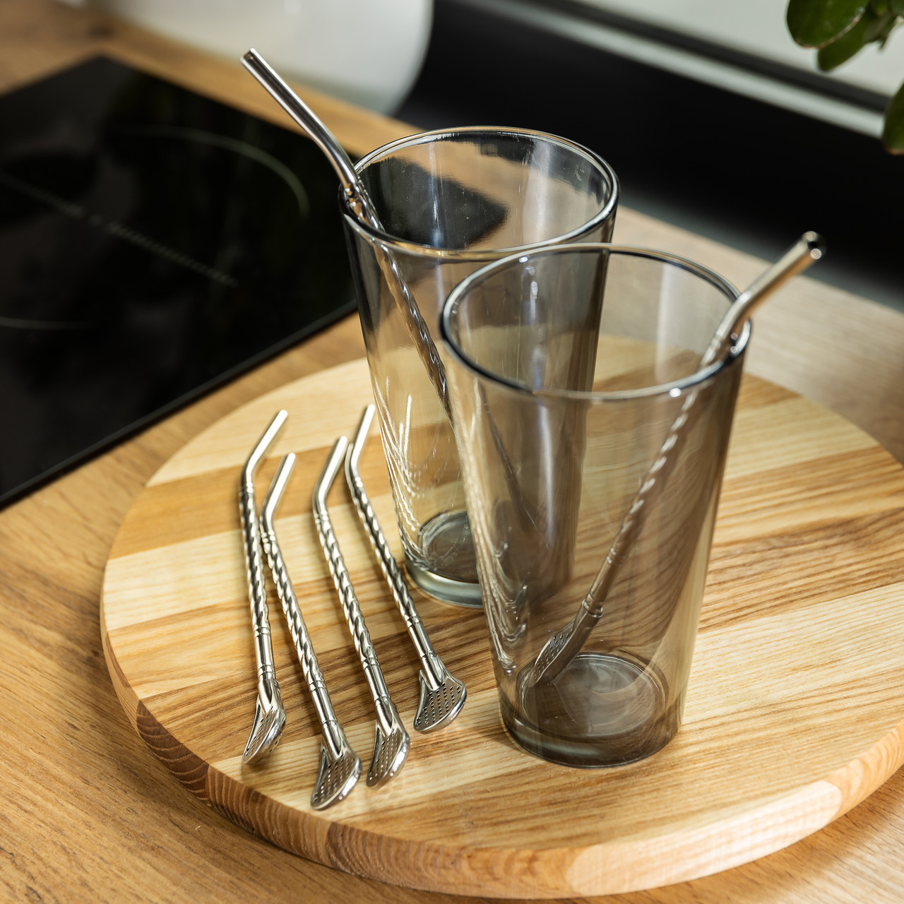 Набір багаторазових ложок-трубочок 6 шт для напоїв 19.5 см зі щіткою для миття з нержавіючої сталі Сірий