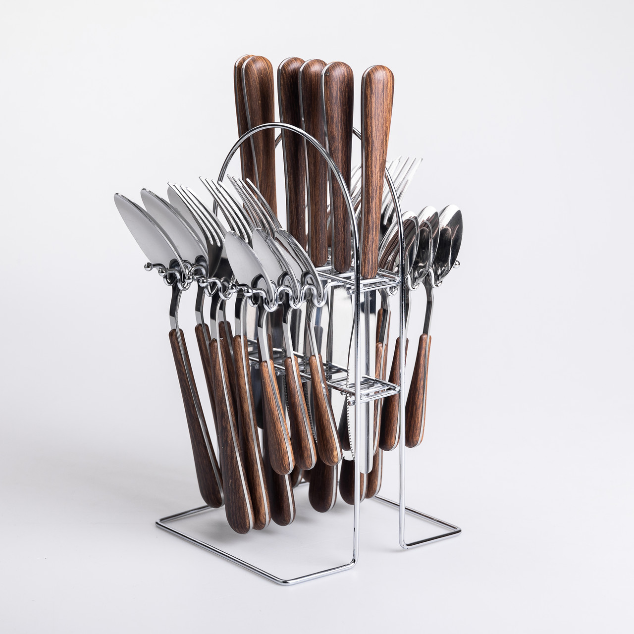 Набір столових приборів на 6 персон з дерев'яними ручками на підставці столові прибори 24 шт Срібло