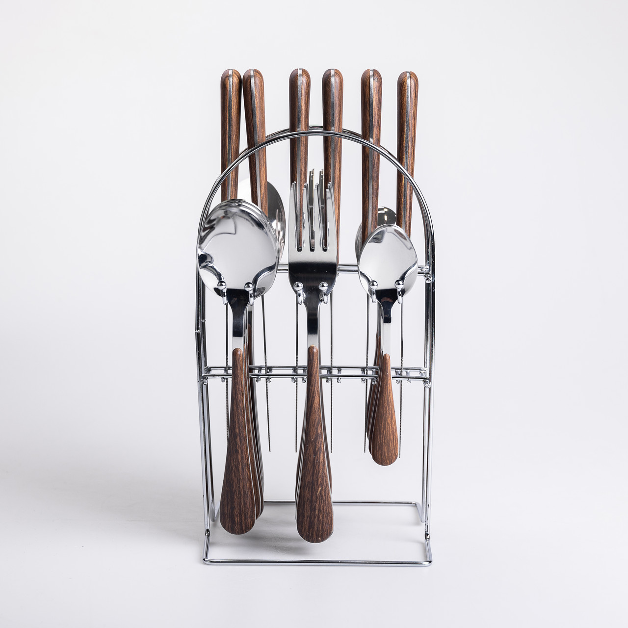 Набір столових приборів на 6 персон з дерев'яними ручками на підставці столові прибори 24 шт Срібло