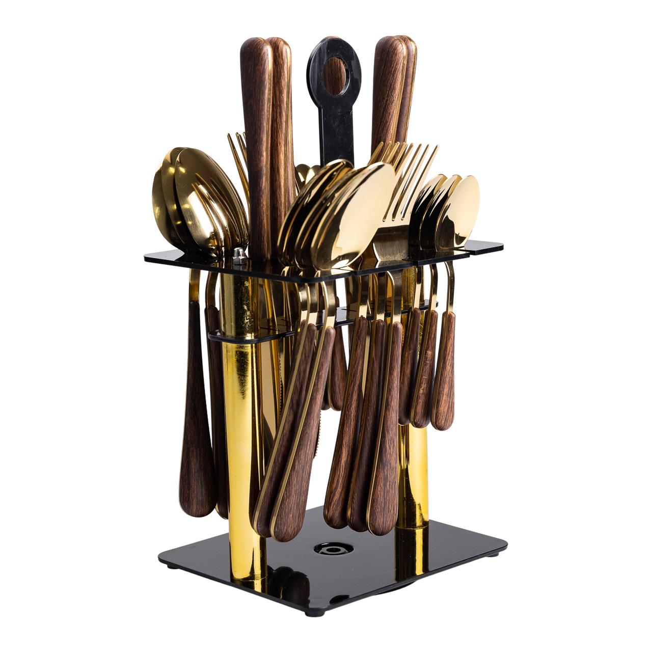 Набір столових приборів на 6 персон з дерев'яними ручками на підставці столові прибори 24 шт Золото