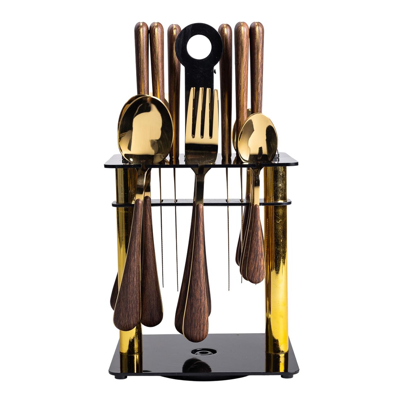 Набір столових приборів на 6 персон з дерев'яними ручками на підставці столові прибори 24 шт Золото