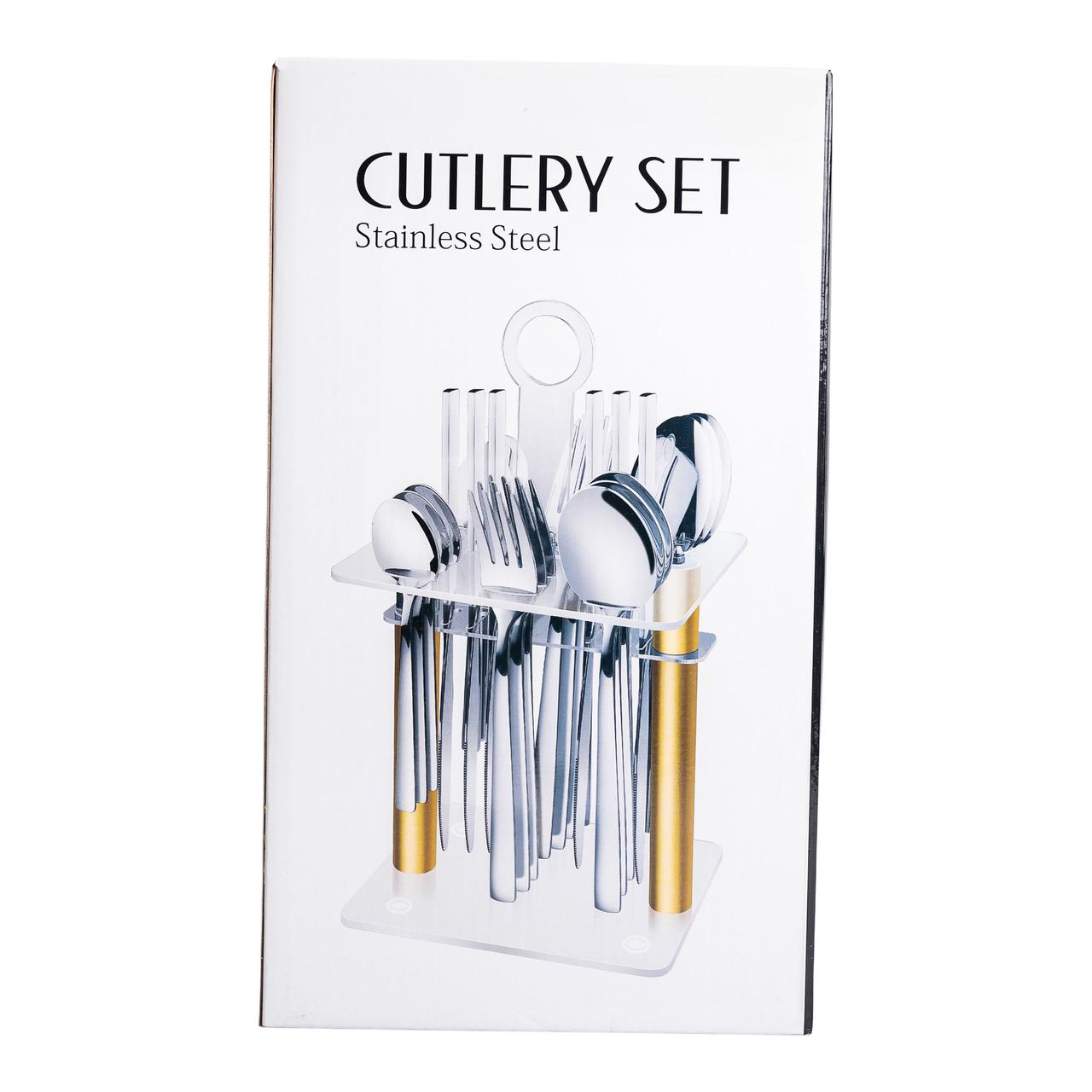 Набір столових приборів на 6 персон з дерев'яними ручками на підставці столові прибори 24 шт Золото