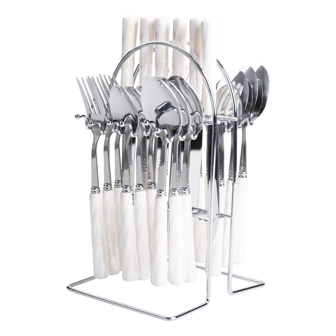 Набір столових приборів на підставці 24 предмети столовий набір на 6 персон Білий зі сріблом