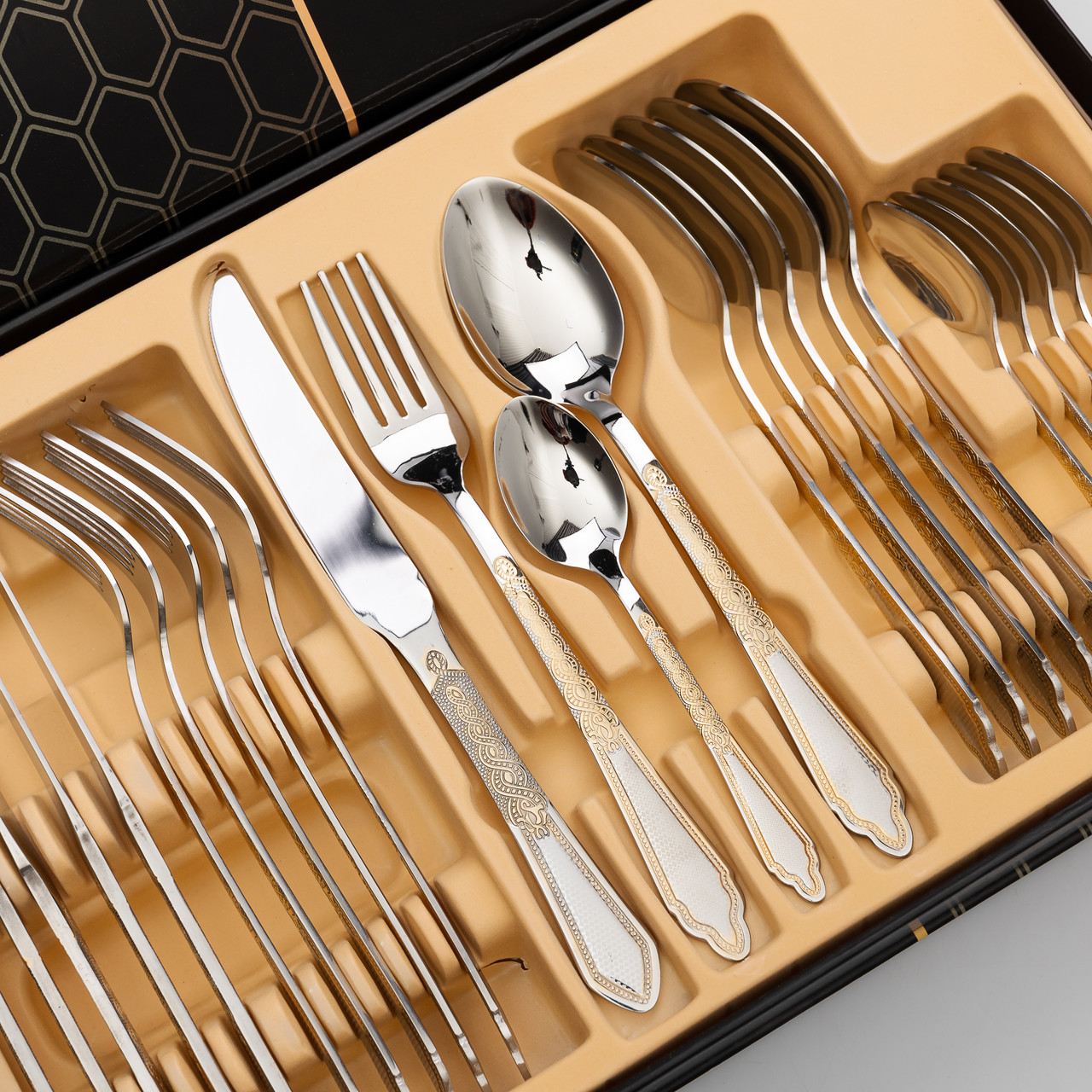 Набір столових приладів золото на 6 персон комплект столових приладів 24 предмети Срібло із золотом