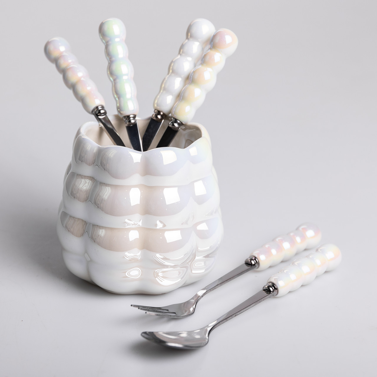 Набір десертних виделок і ложок на 3 персони з підставкою з кераміки 7 предметів Перламутровий