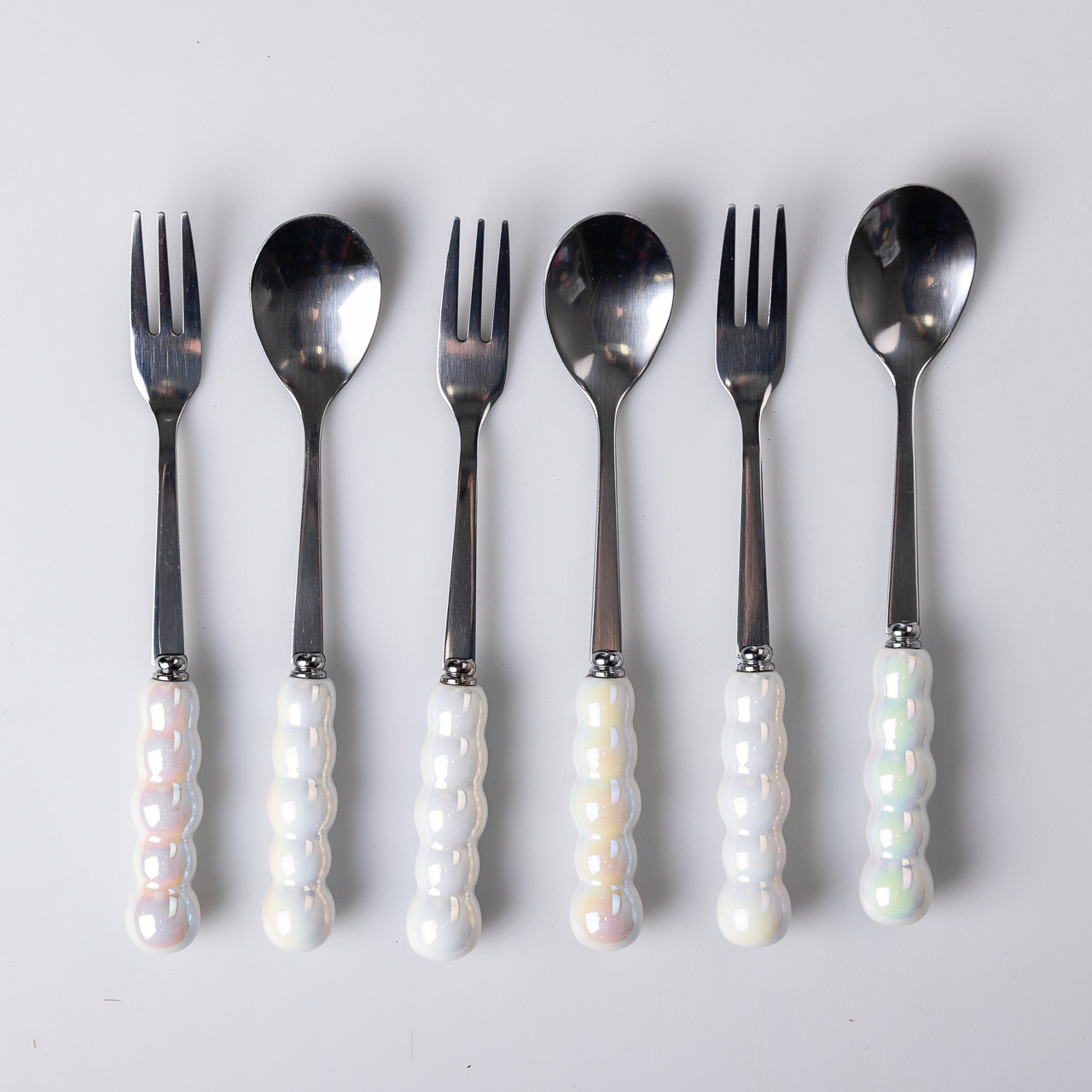 Набір десертних виделок і ложок на 3 персони з підставкою з кераміки 7 предметів Перламутровий