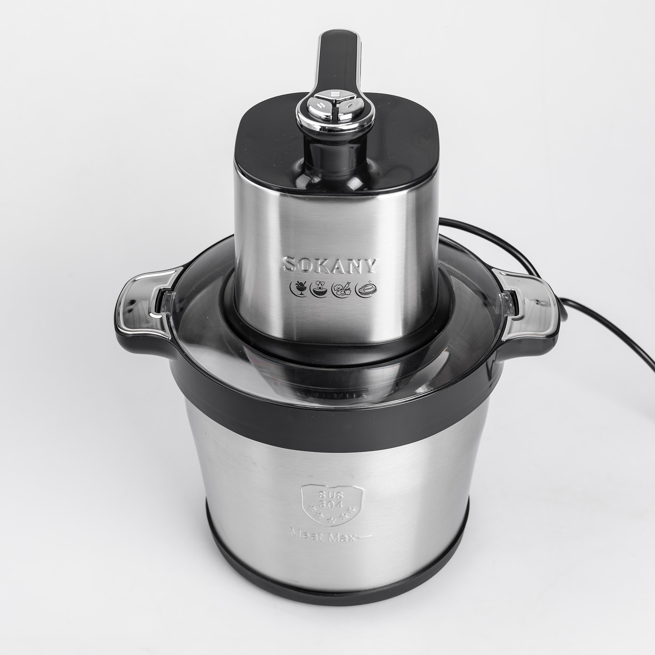 Чопер подрібнювач з чашею 4 літри м'ясорізка 4 леза нержавіюча сталь м'ясорубка Sokany