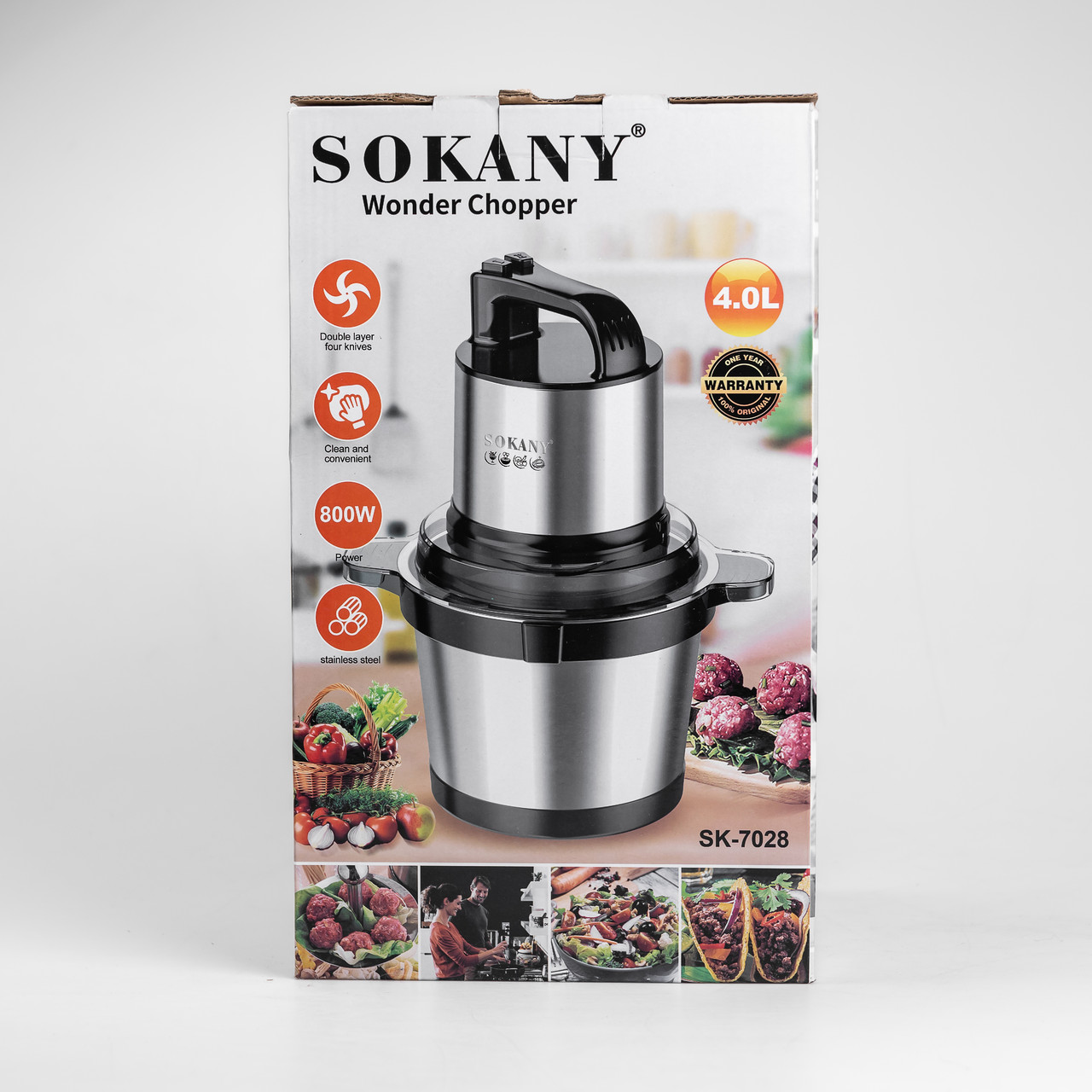 Чопер подрібнювач з чашею 4 літри м'ясорізка 4 леза нержавіюча сталь м'ясорубка Sokany