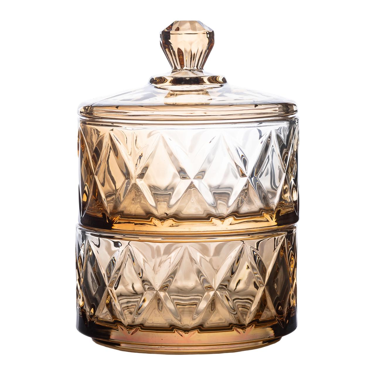 Цукерниця скляна із кришкою дворівнева Ø 10 см ваза конфетница коричнева