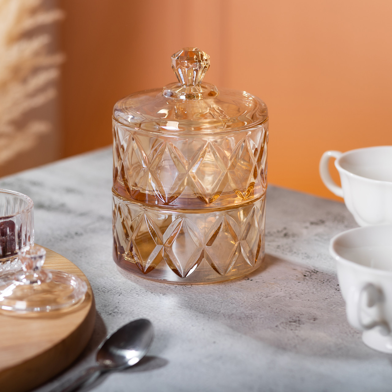 Цукерниця скляна із кришкою дворівнева Ø 10 см ваза конфетница коричнева