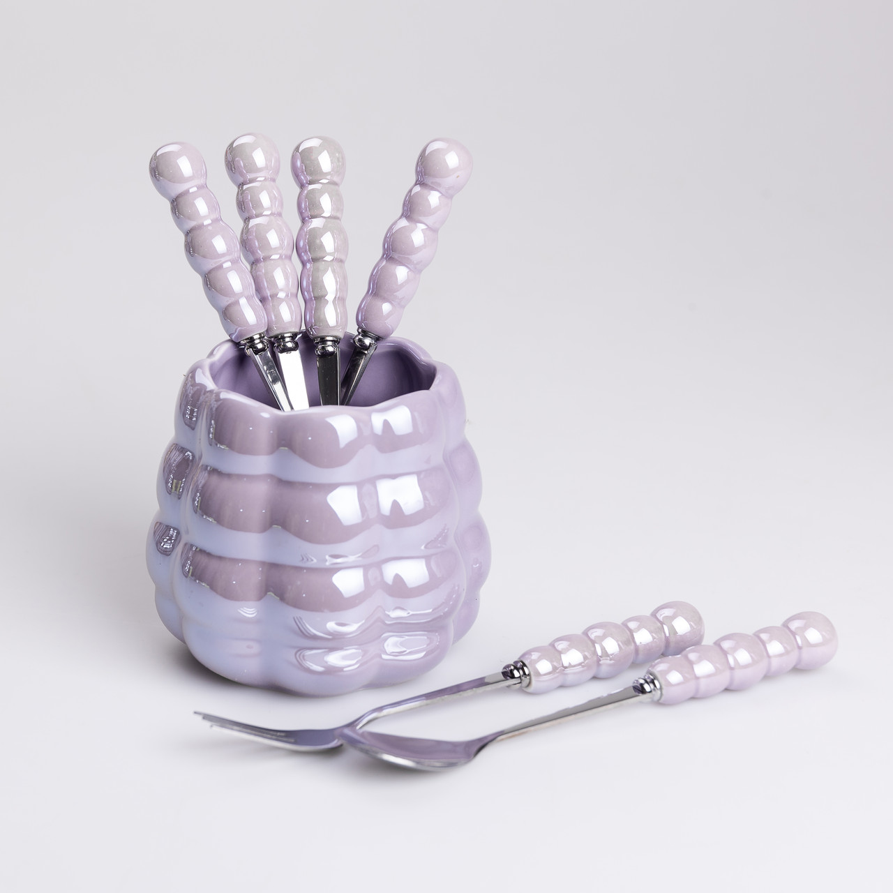 Набір десертних виделок і ложок на 3 персони з підставкою з кераміки 7 предметів Фіолетовий