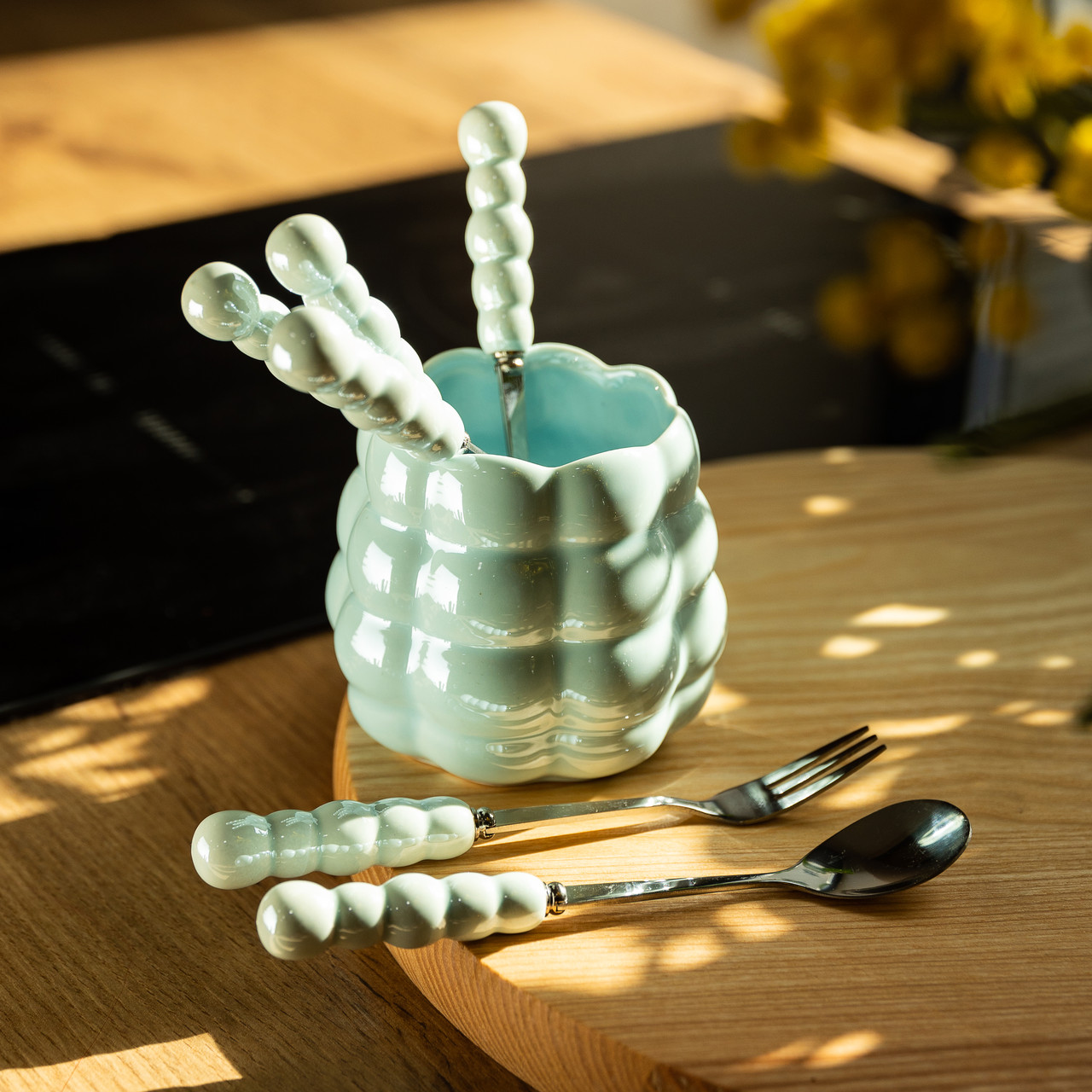 Набір десертних виделок і ложок на 3 персони з підставкою з кераміки 7 предметів Блакитний