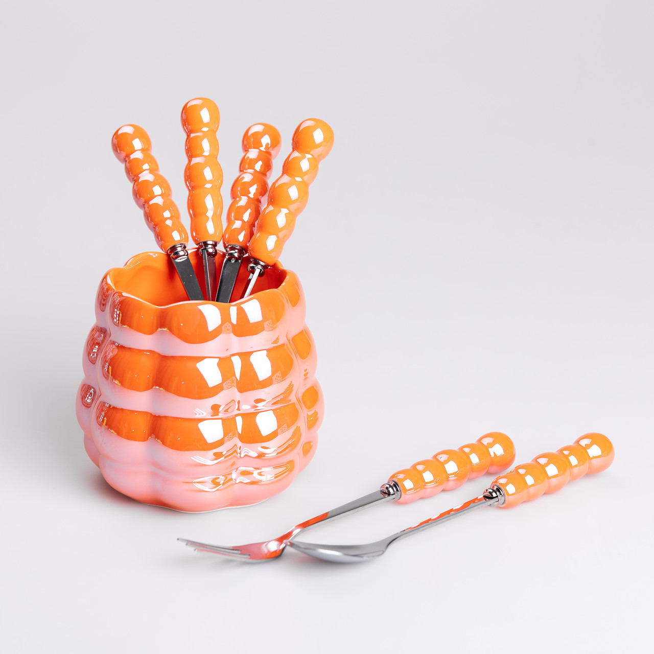 Набір десертних виделок і ложок на 3 персони з підставкою з кераміки 7 предметів Помаранчевий