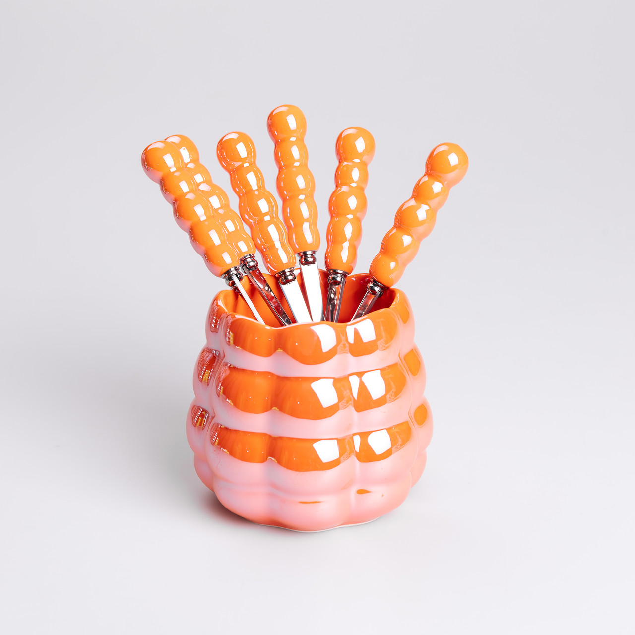 Набір десертних виделок і ложок на 3 персони з підставкою з кераміки 7 предметів Помаранчевий