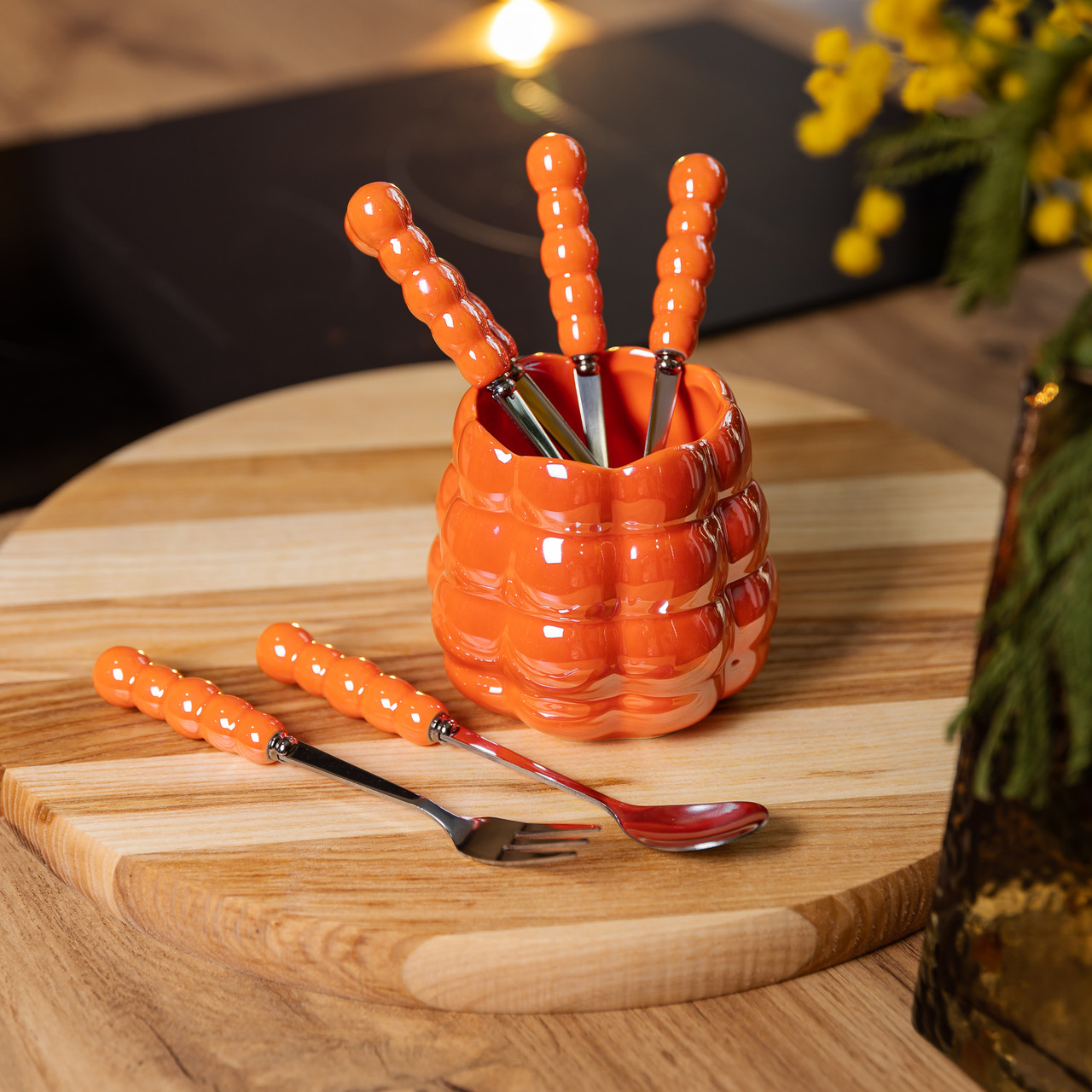 Набір десертних виделок і ложок на 3 персони з підставкою з кераміки 7 предметів Помаранчевий