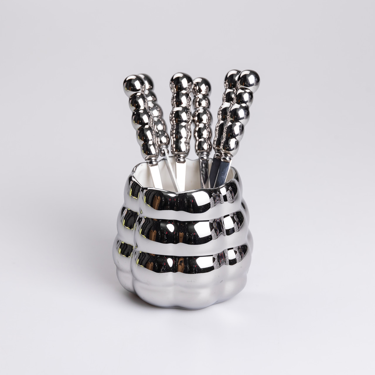 Набір десертних виделок і ложок на 3 персони з підставкою з кераміки 7 предметів Сірий