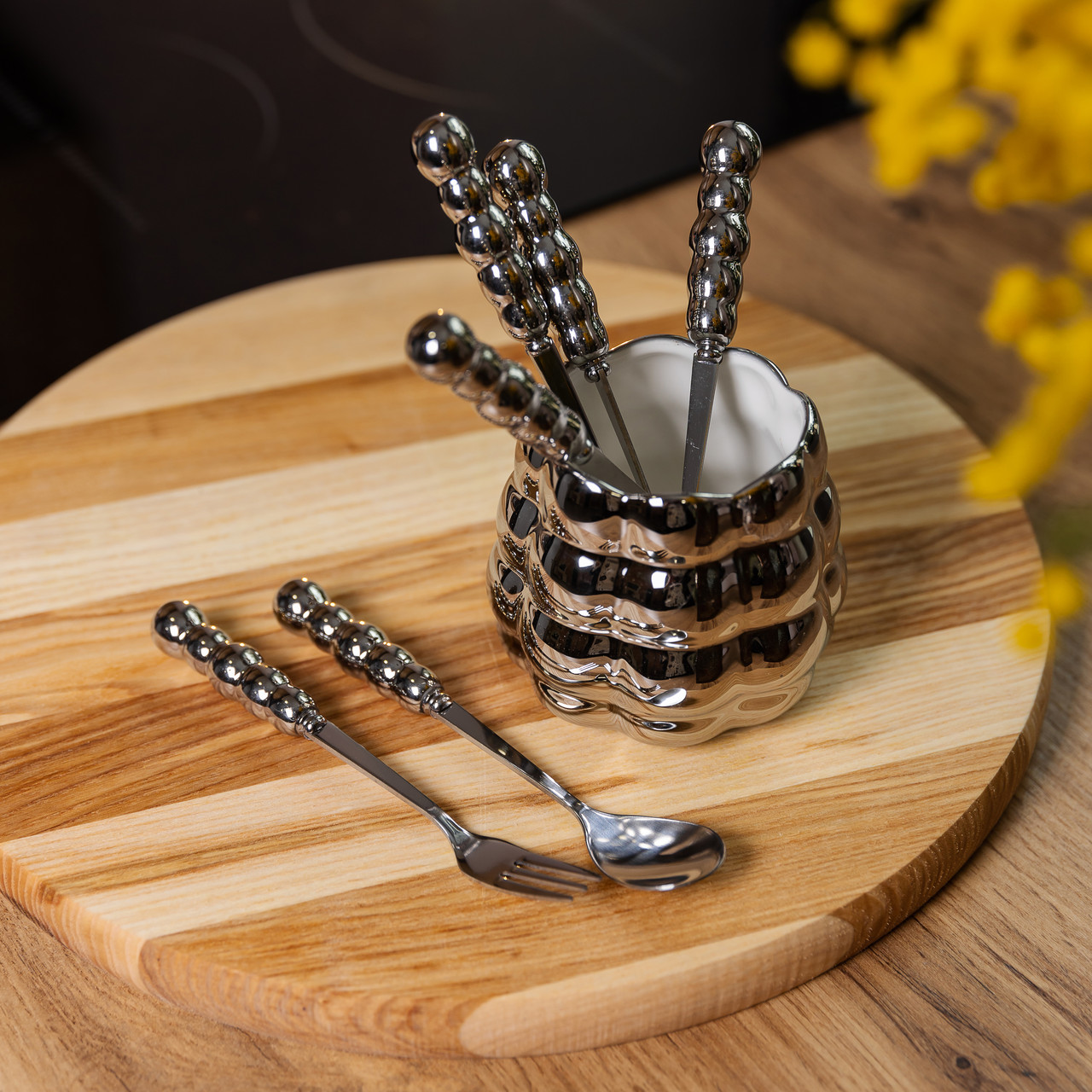 Набір десертних виделок і ложок на 3 персони з підставкою з кераміки 7 предметів Сірий