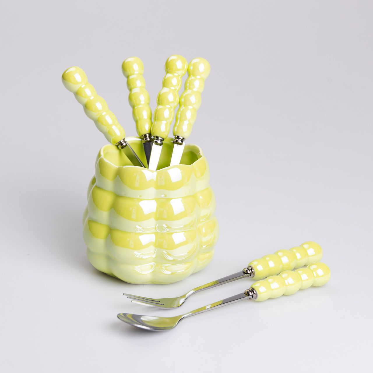 Набір десертних виделок і ложок на 3 персони з підставкою з кераміки 7 предметів Зелений